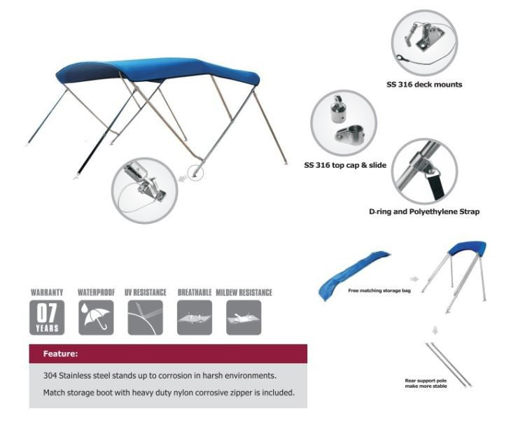 22MM Stainless Steel 3 Bow Bimini Top with Stainless steel fittings